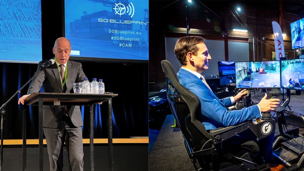 5G-Blueprint Final Event - Kees van der Burg, Director General for Mobility and Transport of the Dutch Ministry of Infrastructure and Water Management (left), Jan Noelmans, Counselor logistics, regional airports and rail Cabinet of the Flemish Minister for Mobility and Public Works (right, at the teleoperation console)